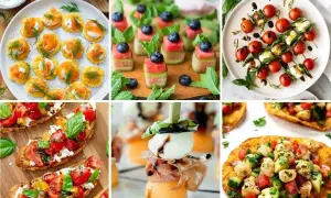 Kolorowe przekąski do grilla: mini tartinki z łososiem, szaszłyki z arbuza i ogórka, caprese na patyczkach, bruschetty, melon z mozzarellą i prosciutto, quesadillas z kurczakiem.