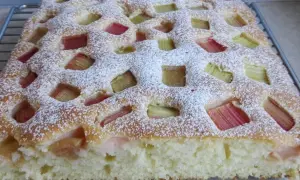 Puszyste ciasto z rabarbarem, posypane cukrem pudrem, z widocznymi kawałkami rabarbaru w kratkę.