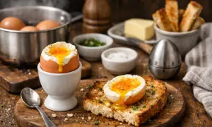 Idealne jajka na miękko, gotowe do jedzenia. Płynne żółtko spływa po białku, a obok tost, masło i przyprawy.