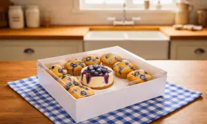 Bento cake co to? Pudełko z babeczkami jagodowymi i małym serniczkiem, idealne na prezent.
