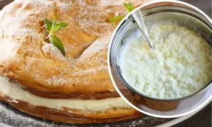Jak uratować zwarzony krem z mascarpone? Na zdjęciu tort z kremem i garnek z masą, która może być uratowana.