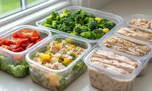 Gotowe posiłki w pojemnikach: kurczak, brokuły, sałatka z warzywami i ryżem. Idealne meal prep przepisy na zdrowy tydzień.