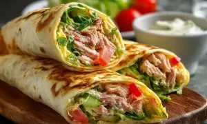 Pyszne tortille z mięsem, warzywami i sosem. Idealne co do tortilli na szybki lunch lub kolację.