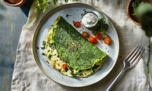 Zielony omlet ze szpinakiem, pomidorkami koktajlowymi i jogurtem. Pyszne śniadanie ze szpinakiem, które doda energii na cały dzień.