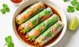 Świeże spring rolls z warzywami w sosie do spring rolls. Kolorowe warzywa, takie jak marchewka i czerwona kapusta, widoczne przez przezroczyste ciasto.
