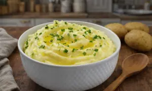 Puszyste puree ziemniaczane, polane masłem i posypane szczypiorkiem, czeka w misce. Obok leżą ziemniaki i drewniana łyżka.
