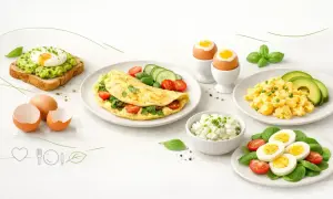 Pyszne śniadanie z jajek: jajecznica, omlet, jajka na miękko, jajko sadzone na grzance z awokado i twarożek.
