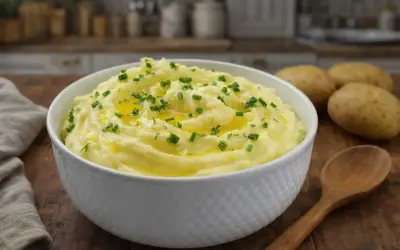 Puszyste puree ziemniaczane, polane masłem i posypane szczypiorkiem, czeka w misce. Obok leżą ziemniaki i drewniana łyżka.