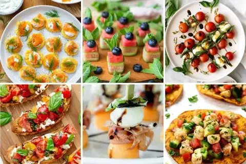 Kolorowe przekąski do grilla: mini tartinki z łososiem, szaszłyki z arbuza i ogórka, caprese na patyczkach, bruschetty, melon z mozzarellą i prosciutto, quesadillas z kurczakiem.