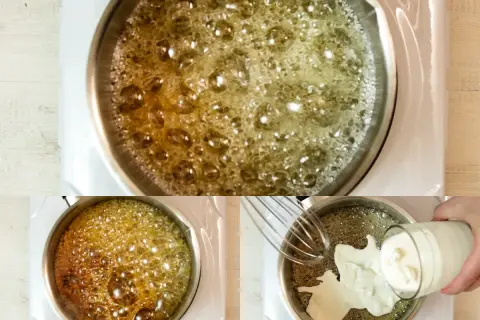 Gotowanie cukru na złoty kolor, by stworzyć pyszne dulce de leche. Dodawanie śmietanki do gorącej masy.