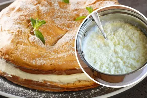 Jak uratować zwarzony krem z mascarpone? Na zdjęciu tort z kremem i garnek z masą, która może być uratowana.