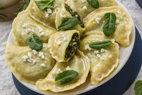 Pyszne pierogi ze szpinakiem i fetą, posypane świeżymi listkami i białym serem. Idealne z czymś lekkim!