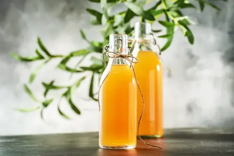 Dwie butelki z domową kombuchą, idealne do wypróbowania prostego kombucha przepis. Zielone liście w tle dodają świeżości.