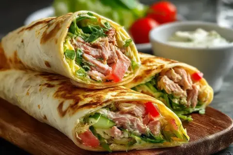 Pyszne tortille z mięsem, warzywami i sosem. Idealne co do tortilli na szybki lunch lub kolację.