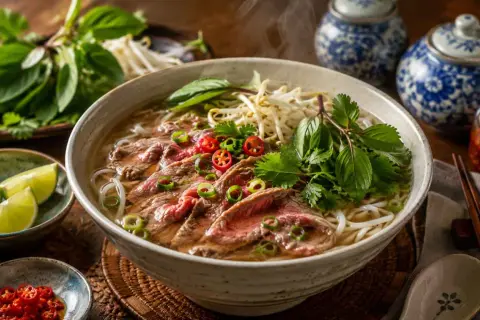 Parująca zupa pho z cienko pokrojoną wołowiną, kiełkami, ziołami i papryczkami chili. Obok limonki i sos chili.