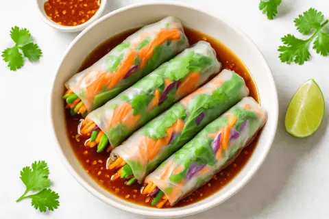 Świeże spring rolls z warzywami w sosie do spring rolls. Kolorowe warzywa, takie jak marchewka i czerwona kapusta, widoczne przez przezroczyste ciasto.
