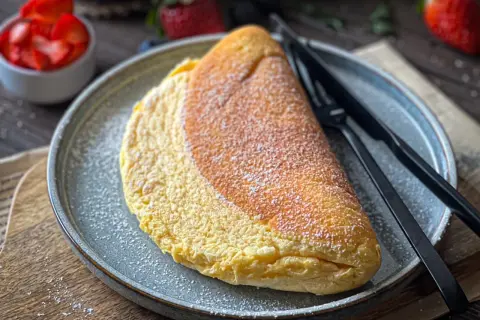 Puszysty omlet na talerzu, posypany cukrem pudrem. Idealny omlet przepis na pyszne śniadanie. Obok miseczka z truskawkami.