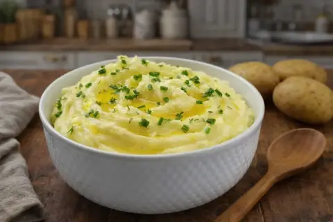 Puszyste puree ziemniaczane, polane masłem i posypane szczypiorkiem, czeka w misce. Obok leżą ziemniaki i drewniana łyżka.