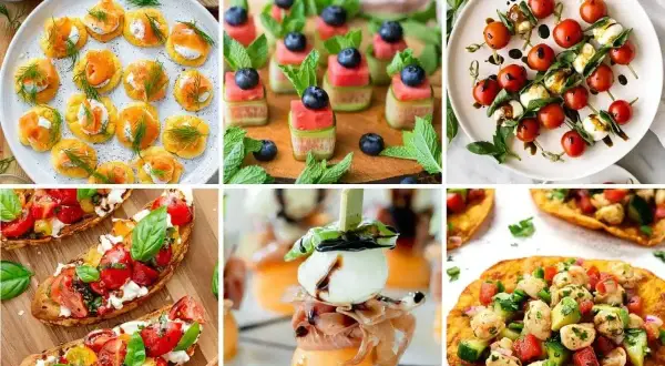 Kolorowe przekąski do grilla: mini tartinki z łososiem, szaszłyki z arbuza i ogórka, caprese na patyczkach, bruschetty, melon z mozzarellą i prosciutto, quesadillas z kurczakiem.