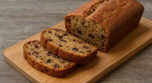 Pyszny chlebek bananowy bezglutenowy z kawałkami czekolady, pokrojony na desce.