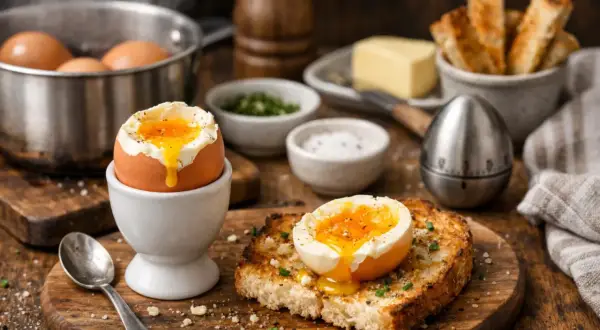 Idealne jajka na miękko, gotowe do jedzenia. Płynne żółtko spływa po białku, a obok tost, masło i przyprawy.