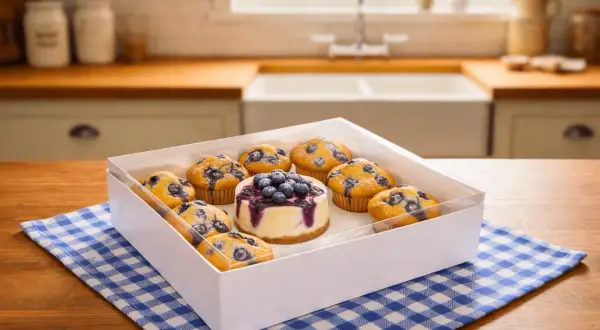 Bento cake co to? Pudełko z babeczkami jagodowymi i małym serniczkiem, idealne na prezent.