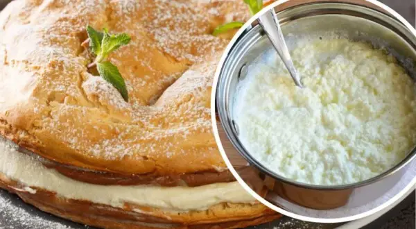 Jak uratować zwarzony krem z mascarpone? Na zdjęciu tort z kremem i garnek z masą, która może być uratowana.