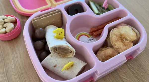 Kolorowe śniadanie dla 3 latka: wrap z żółtym pieskiem, ciasteczka, orzeszki, suszone jabłka, kiwi i czekoladowe kuleczki.