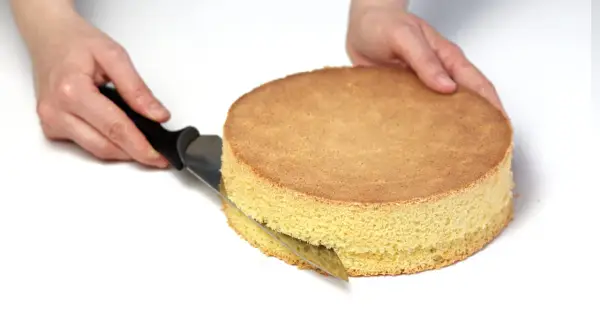Ręce kroją biszkopt nożem, przygotowując go do dalszych etapów przepisu na tort.