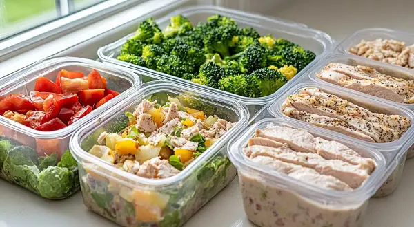 Gotowe posiłki w pojemnikach: kurczak, brokuły, sałatka z warzywami i ryżem. Idealne meal prep przepisy na zdrowy tydzień.