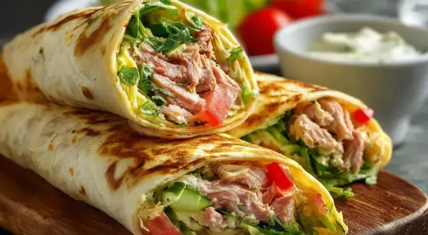 Pyszne tortille z mięsem, warzywami i sosem. Idealne co do tortilli na szybki lunch lub kolację.