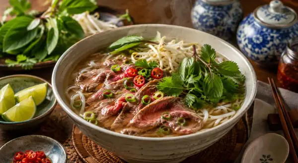 Parująca zupa pho z cienko pokrojoną wołowiną, kiełkami, ziołami i papryczkami chili. Obok limonki i sos chili.