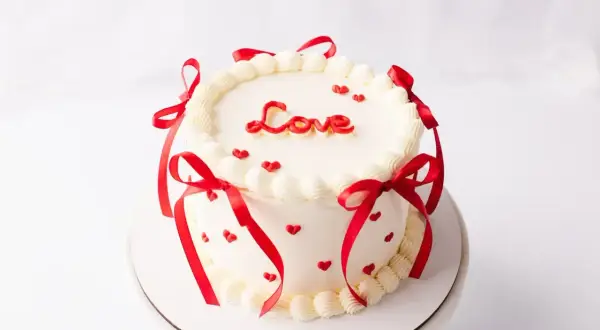 Uroczy tort bento w kształcie serca, ozdobiony czerwonymi wstążkami i napisem "Love". Idealny na Walentynki.
