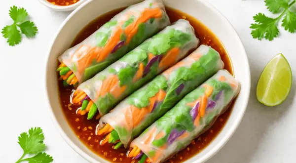 Świeże spring rolls z warzywami w sosie do spring rolls. Kolorowe warzywa, takie jak marchewka i czerwona kapusta, widoczne przez przezroczyste ciasto.
