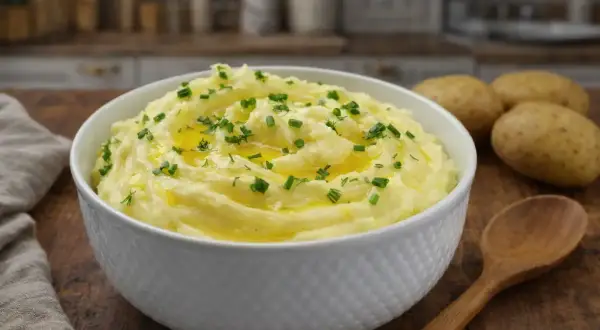 Puszyste puree ziemniaczane, polane masłem i posypane szczypiorkiem, czeka w misce. Obok leżą ziemniaki i drewniana łyżka.