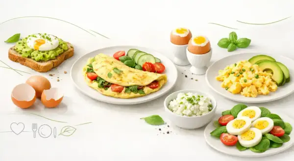 Pyszne śniadanie z jajek: jajecznica, omlet, jajka na miękko, jajko sadzone na grzance z awokado i twarożek.