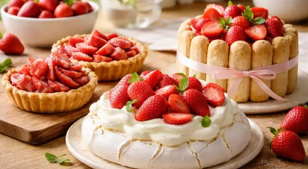 Letni deser bez cukru: beza z truskawkami, tort szarlotkowy i tartaletki.