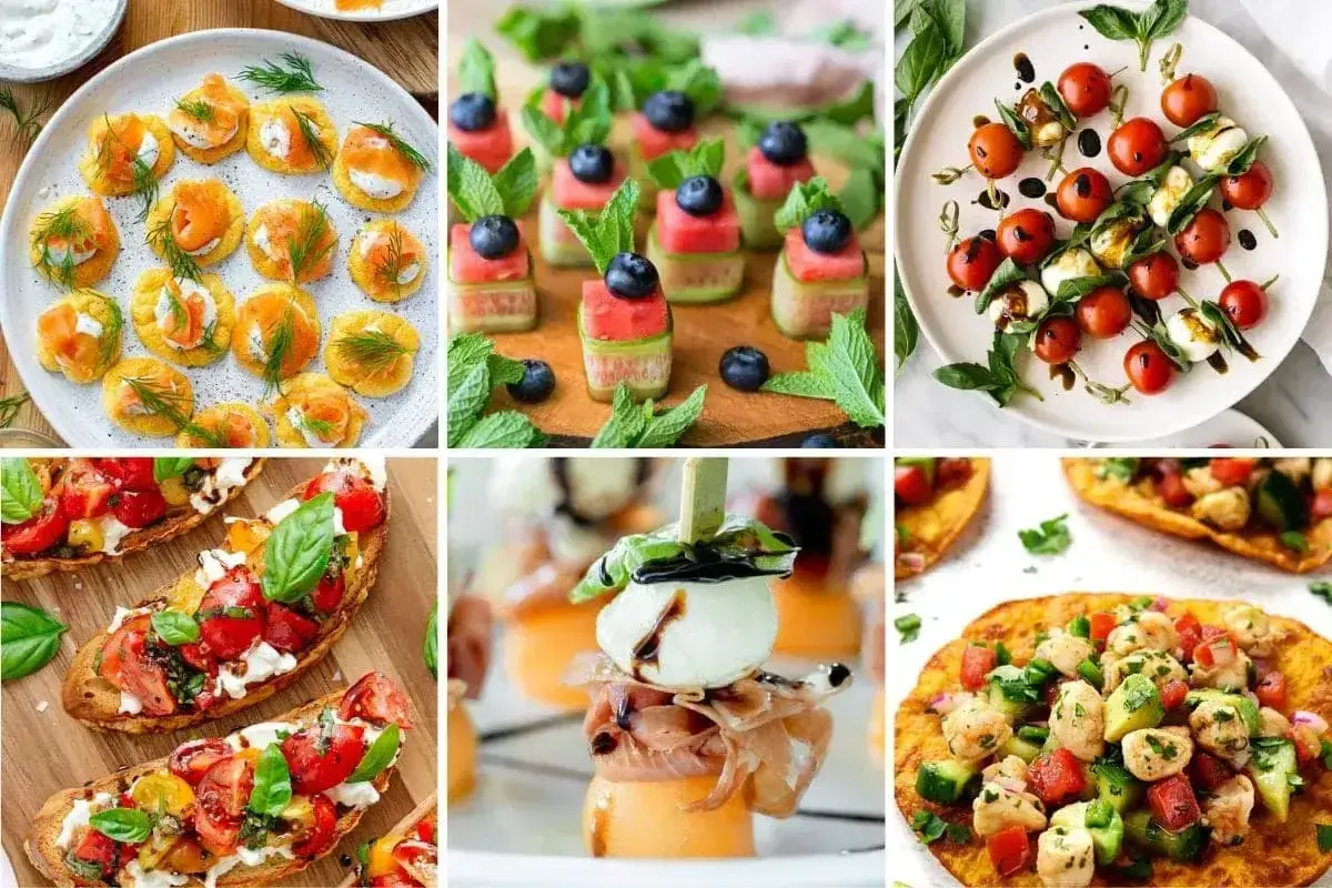 Kolorowe przekąski do grilla: mini tartinki z łososiem, szaszłyki z arbuza i ogórka, caprese na patyczkach, bruschetty, melon z mozzarellą i prosciutto, quesadillas z kurczakiem.