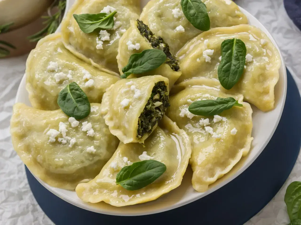 Pyszne pierogi ze szpinakiem i fetą, posypane świeżymi listkami i białym serem. Idealne z czymś lekkim!