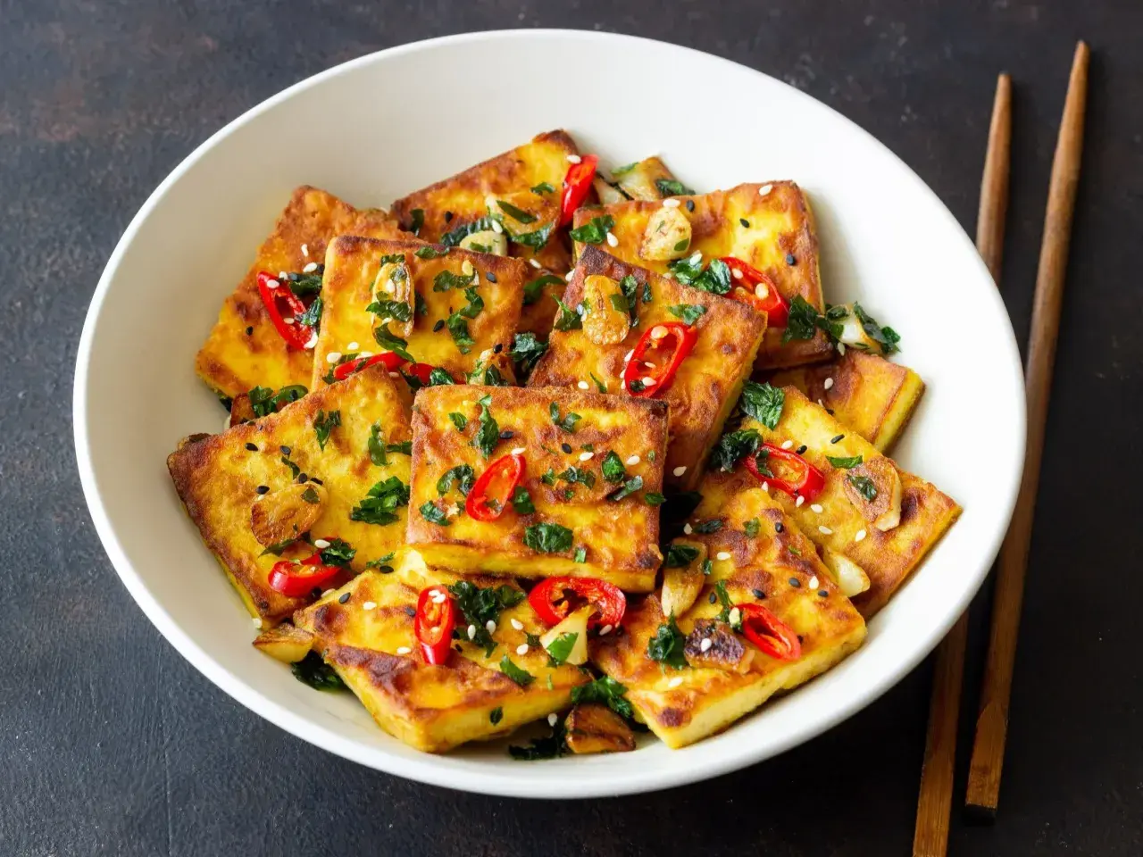 Chrupiące, złociste kostki tofu w sosie sojowym, posypane chili, sezamem i natką pietruszki. Idealne danie dla miłośników azjatyckich smaków.