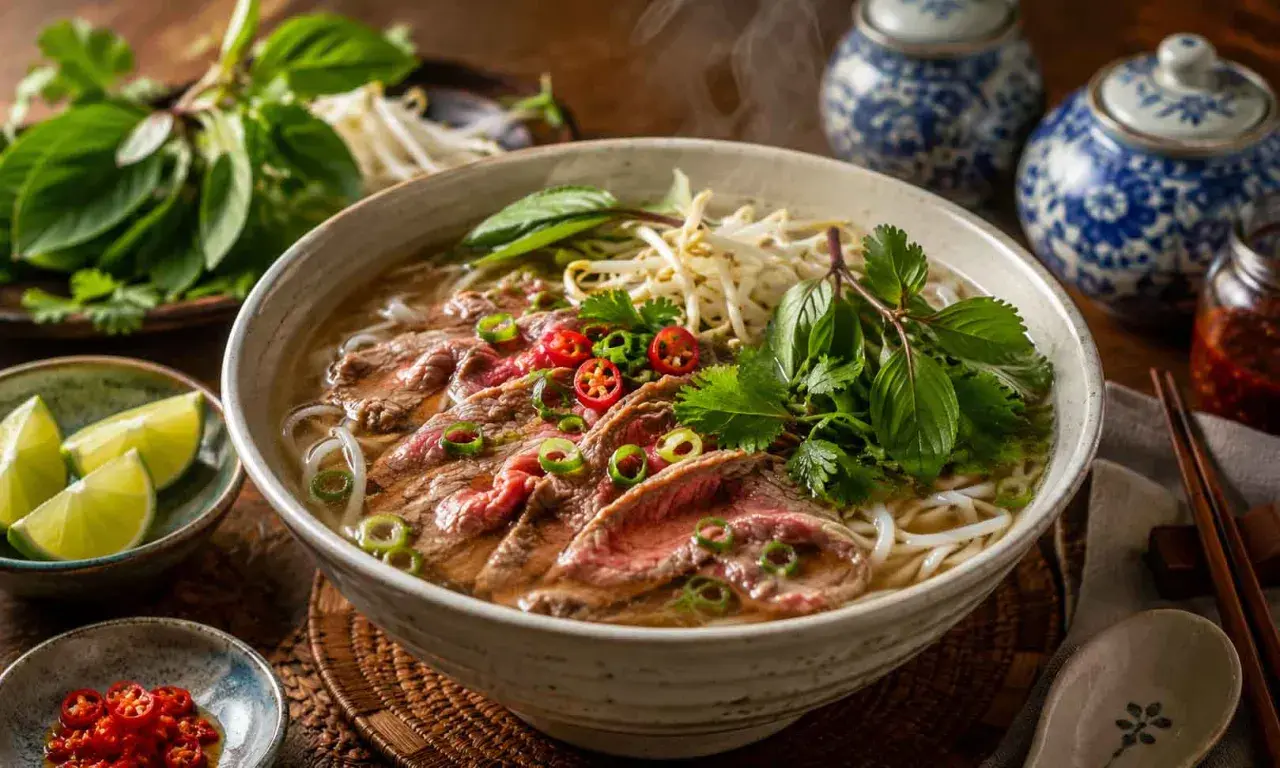 Parująca zupa pho z cienko pokrojoną wołowiną, kiełkami, ziołami i papryczkami chili. Obok limonki i sos chili.