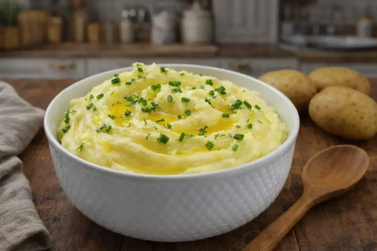 Puszyste puree ziemniaczane, polane masłem i posypane szczypiorkiem, czeka w misce. Obok leżą ziemniaki i drewniana łyżka.