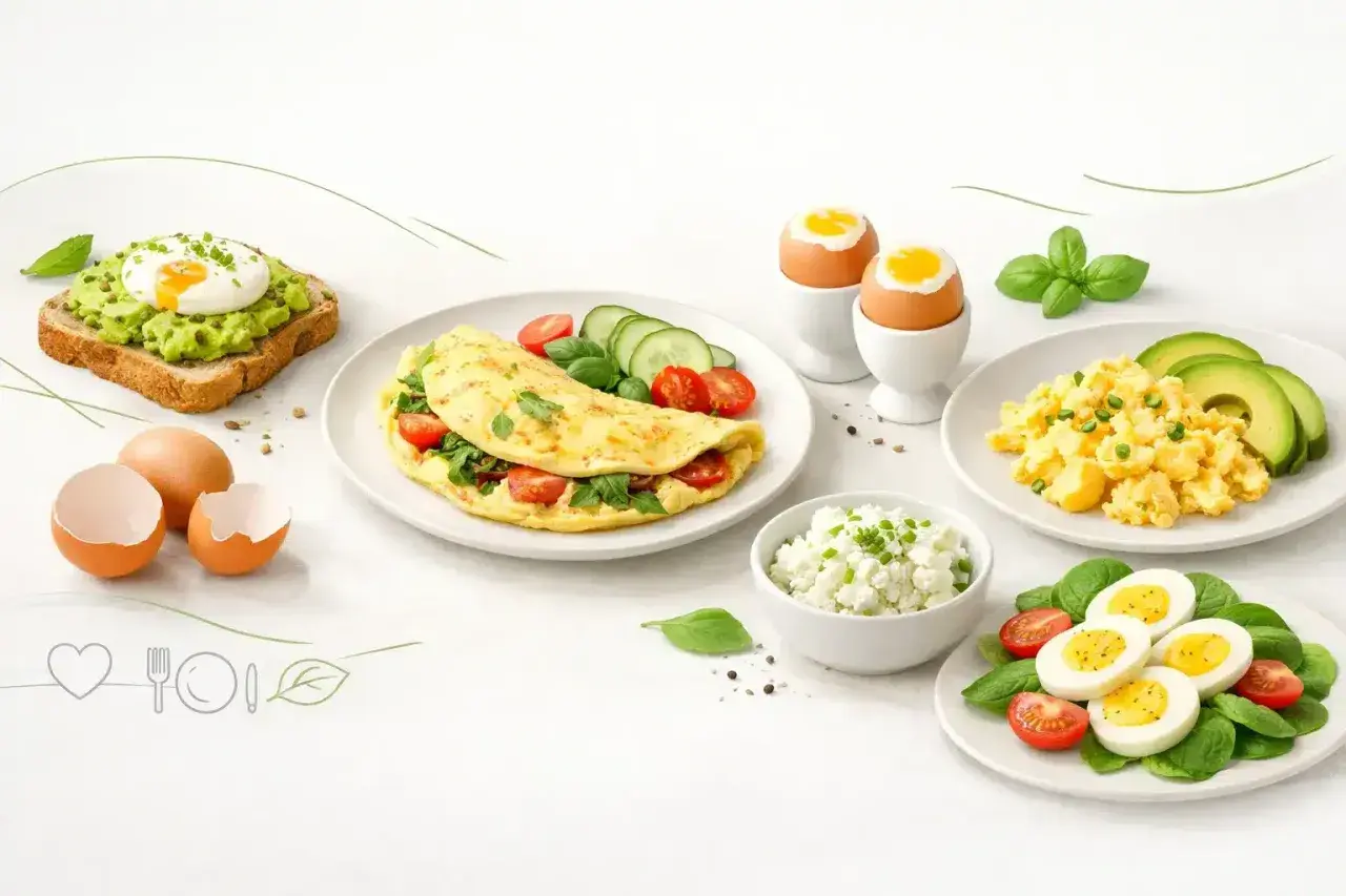 Pyszne śniadanie z jajek: jajecznica, omlet, jajka na miękko, jajko sadzone na grzance z awokado i twarożek.