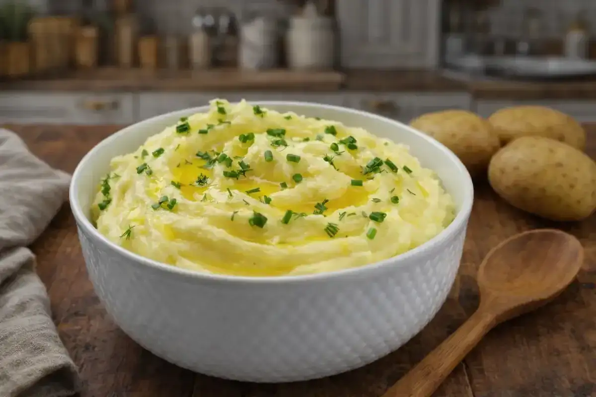 Puszyste puree ziemniaczane, polane masłem i posypane szczypiorkiem, czeka w misce. Obok leżą ziemniaki i drewniana łyżka.