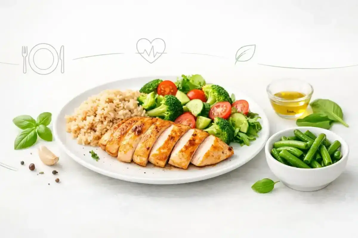 Zdrowe posiłki na cały tydzień: grillowany kurczak, brązowy ryż, sałatka z brokułów i fasolka szparagowa. Idealne meal prep przepisy.