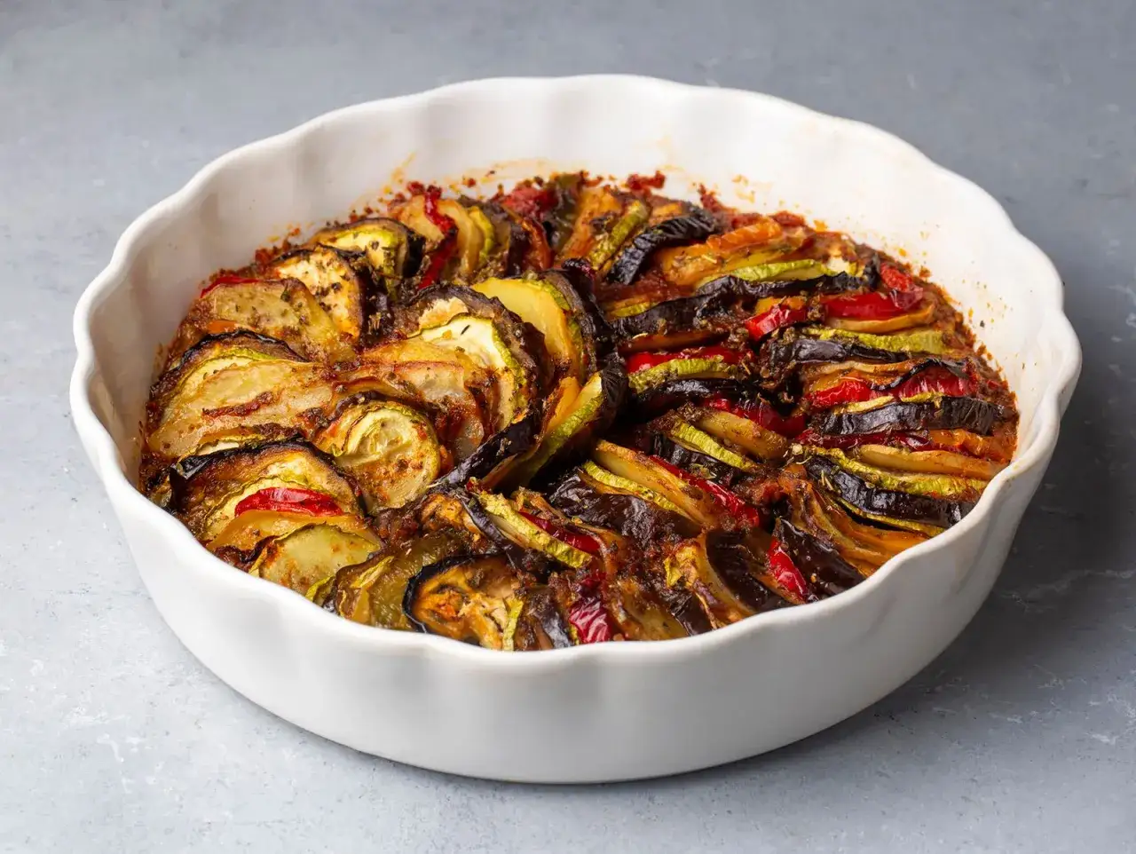Ratatouille, klasyczne danie kuchni francuskiej, w białej ceramicznej formie. Warzywa ułożone warstwowo, zapieczone z ziołami.