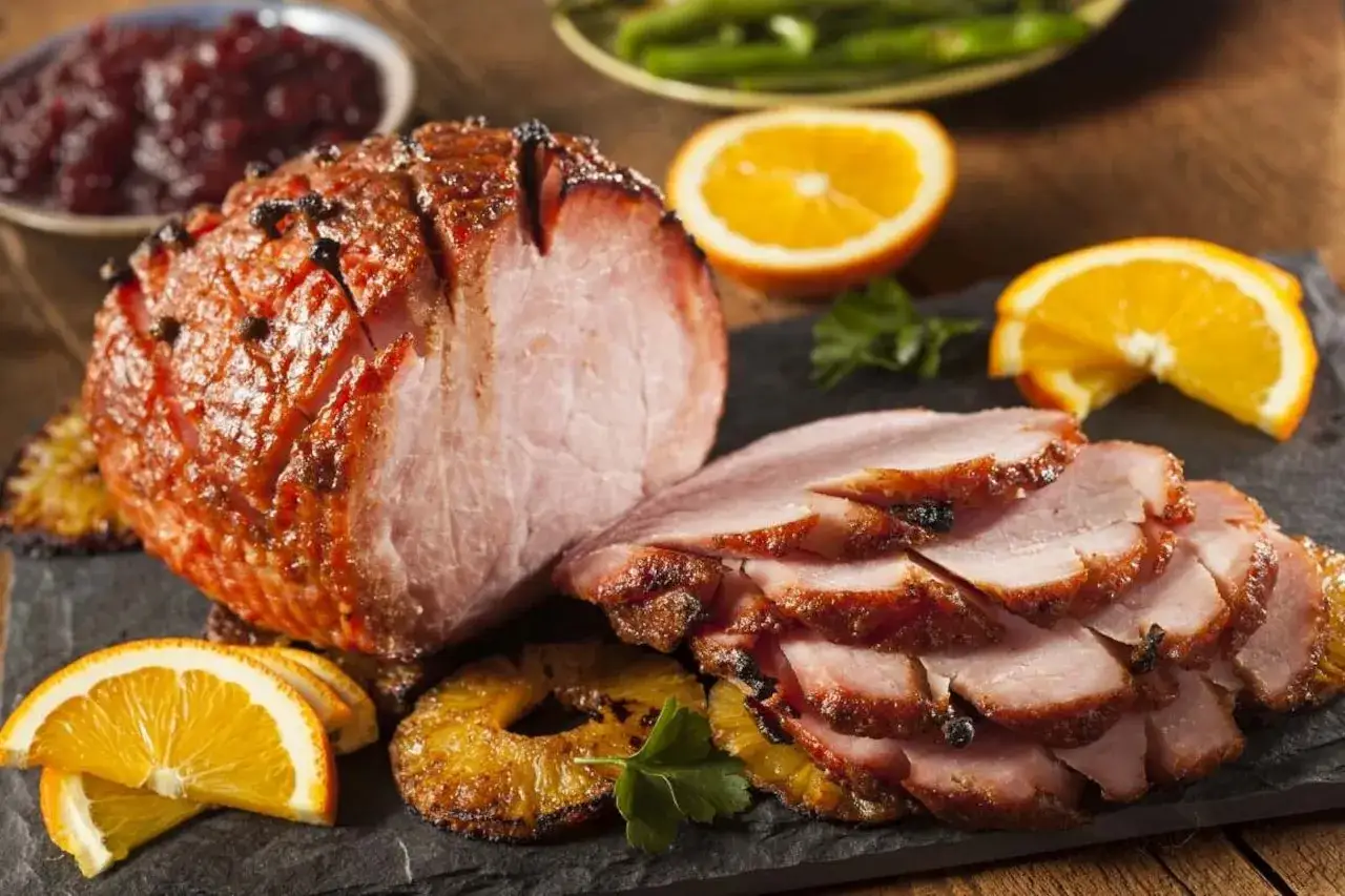 Szybkie peklowanie mięsa do wędzenia zakończone sukcesem! Aromatyczna szynka z pomarańczą i ananasem, gotowa do podania.