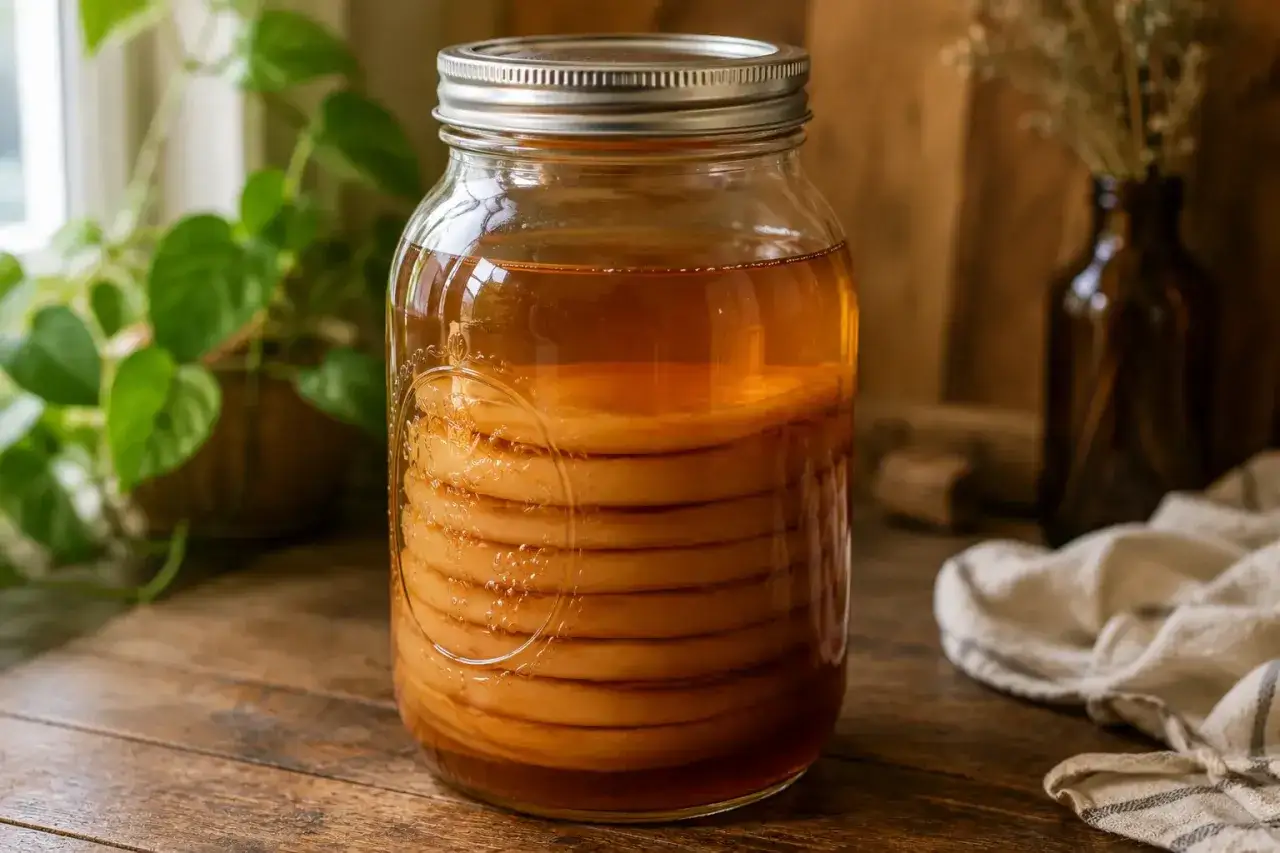 Słoik z wieloma warstwami SCOBY, gotowy do przygotowania domowej kombuchy. Idealny przepis na zdrowy napój.