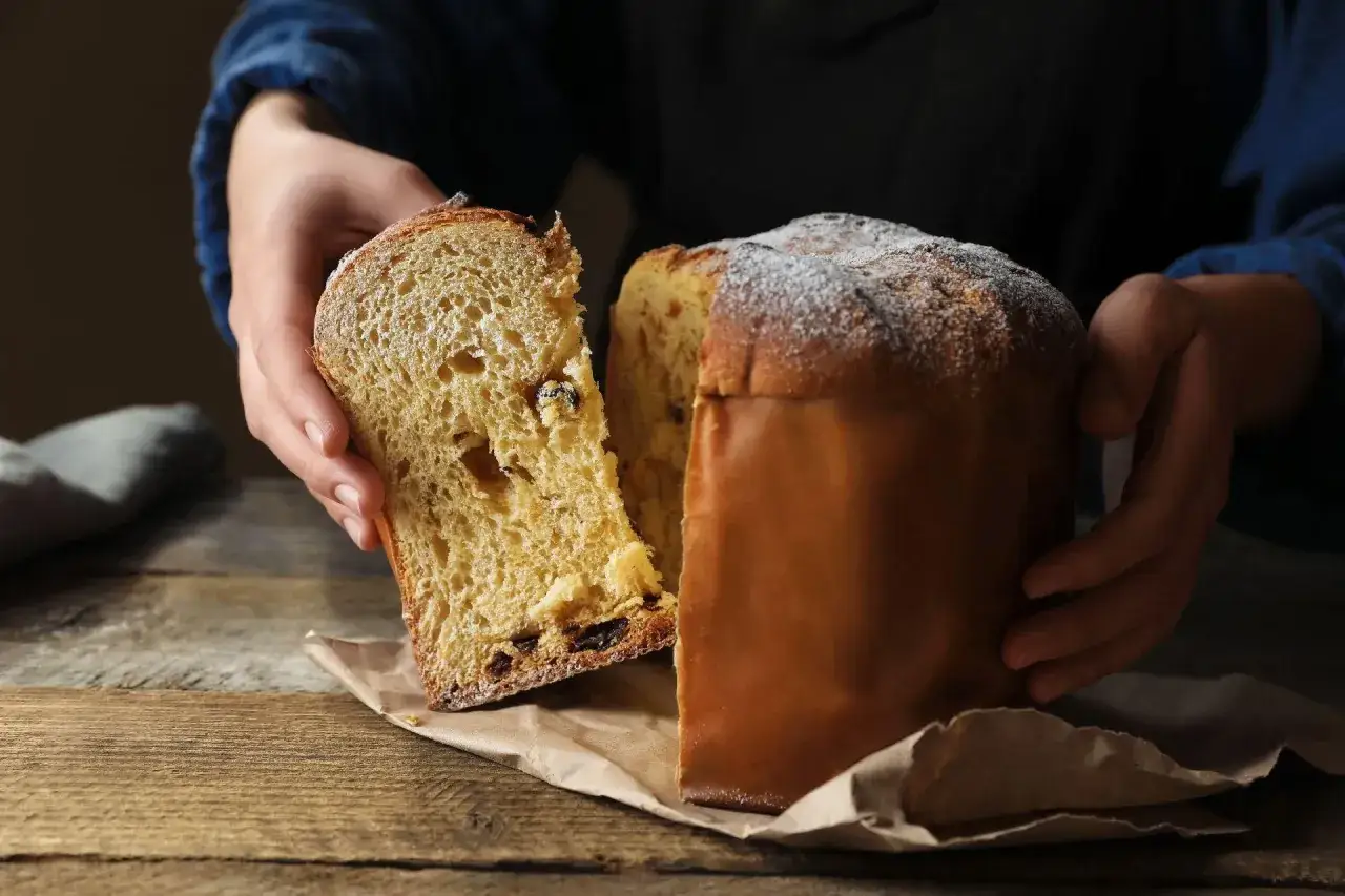 Dłonie rozdzielają puszyste ciasto babki panettone, ukazując jej bogate wnętrze z rodzynkami.