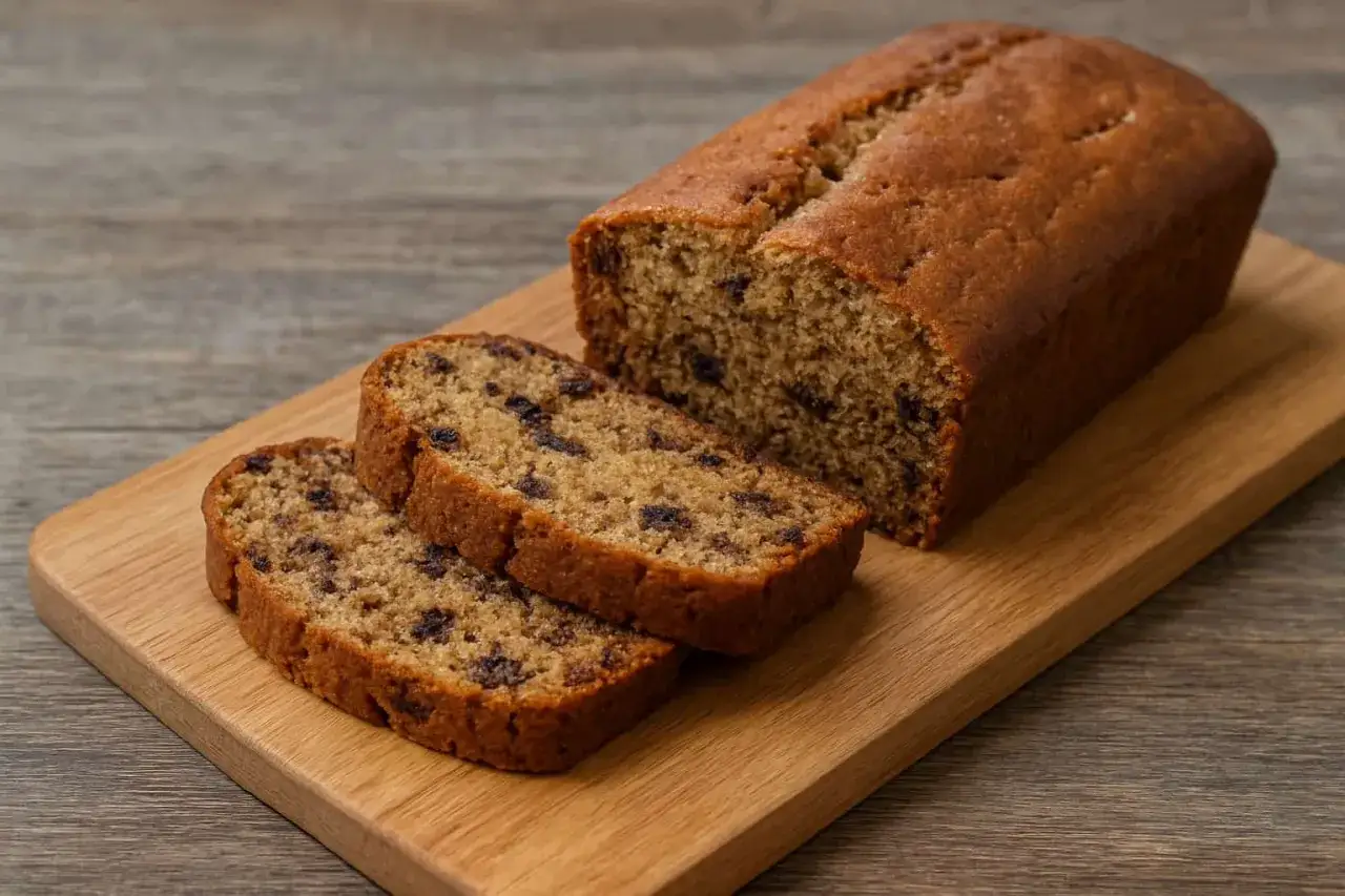 Pyszny chlebek bananowy bezglutenowy z kawałkami czekolady, pokrojony na desce.